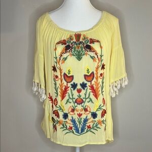 Umgee Yellow Embroidered Boho Tunic with Tassel Trim